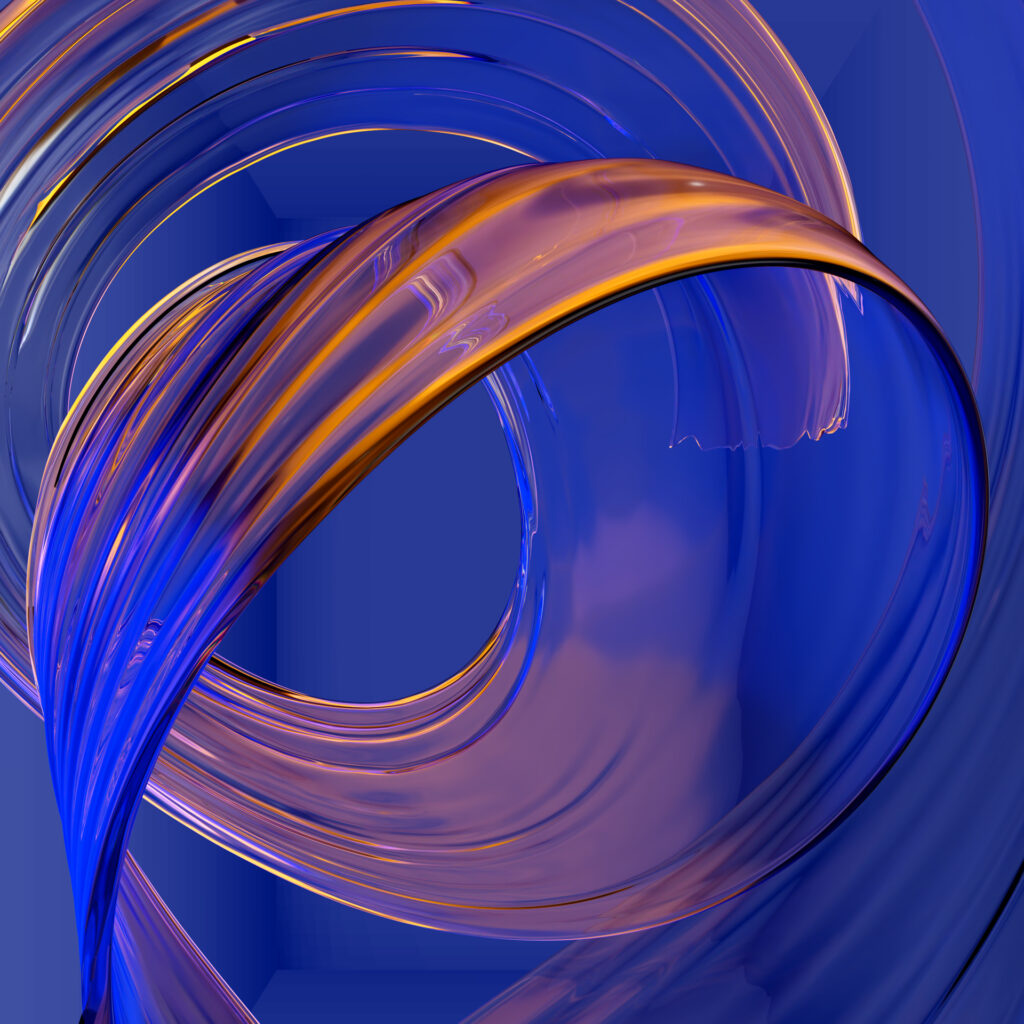 Abstract flowing glass-like forms in deep blue and warm amber tones